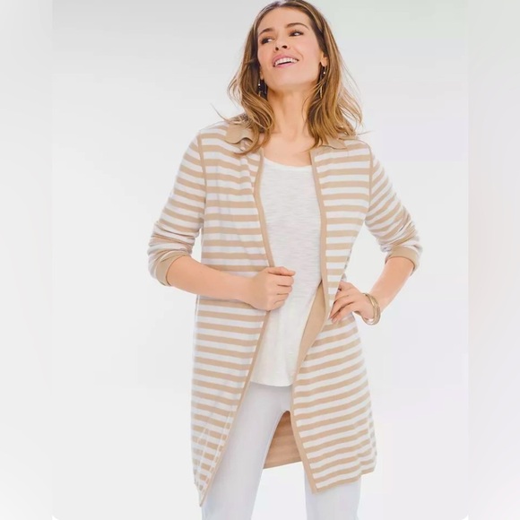 CHICO's TAN & WHITE STRIPE REVERSIBLE OPEN FRONT DUSTER CARDIGAN SIZE L 🌟EUC🌟 - Picture 1 of 15